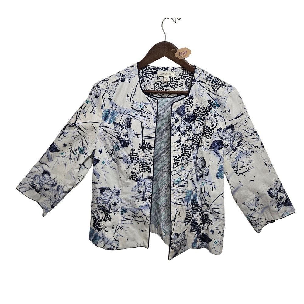 Coldwater Creek Womens Blue White Floral Embroidered Open Front Jacket Size 14